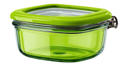 Green plastic food container and empty transparent glass jar with lid isolated on white