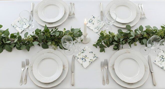 Elegant Table Setting With Eucalyptus Garland And Candle