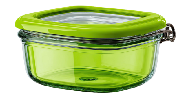 Green plastic food container and empty transparent glass jar with lid isolated on white