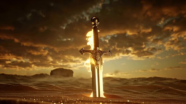 Ornate blue-hued fantasy sword half-buried on a shimmering pebbled seashore under a dramatic sky