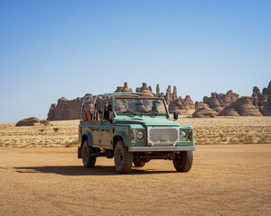 Hegra Heritage Site. Off-Road Vehicle for touristic Tours in Al Ula. Saudi Arabia
