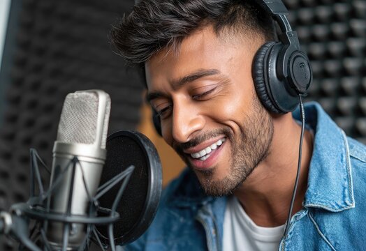 an indian male singer is recording in a studio, wearing headphones and a blue shirt, looking at the microphone with his mouth open while singing a song.