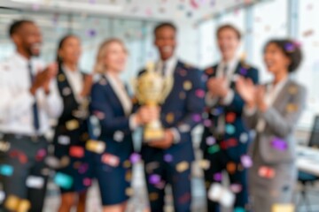 Blurred photo Portrait of happy smiling employees holding awards for success in business, standing in the office with their teammates applauding the company's best employee award.
