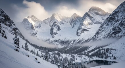 Majestic snowy mountain range landscape with glistening light and frozen lake reflecting the