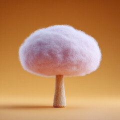 Pink cotton candy shaped like tree with wooden stick trunk, isolated on warm orange background, whimsical and playful food art concept