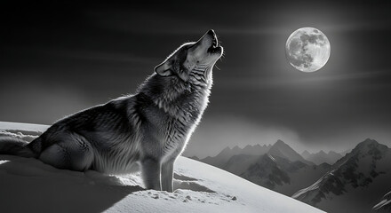 A lone wolf howls majestically at the bright full moon, silhouetted against a vast, snow-covered mountain landscape in a dramatic monochrome setting