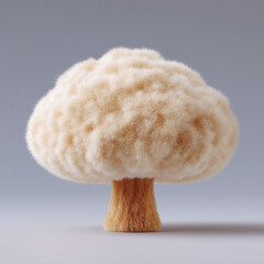 Fluffy mushroom with soft, cloud like cap and textured stem, isolated on neutral background, evokes whimsical and cozy feeling, perfect for creative concepts