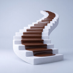Curved white staircase with smooth chocolate flowing down steps, creating surreal and whimsical scene, blending architecture and dessert in creative, imaginative concept