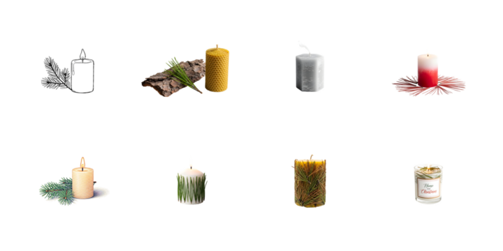 set of eight candles for spa and aromatherapy isolated on transparent background