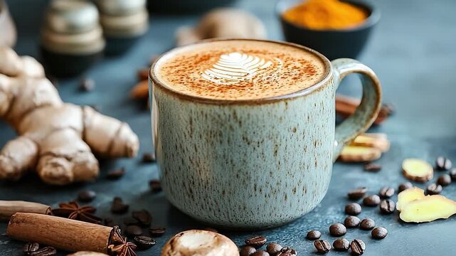 Close-up view of a coffee cup surrounded by spices and coffee beans, showcasing rich textures and inviting ambiance, camera pans across scene