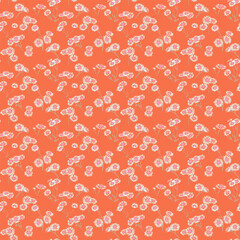 Seamless vector floral pattern with delicate white chamomile flowers on a bright coral background. Fresh botanical design for fabric, packaging, and summer decor