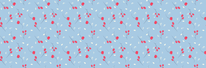 Seamless vector pattern with delicate red berries and minimalistic white leaves on a soft blue background. Aesthetic and elegant for winter, holiday designs, textiles, packaging, and digital use