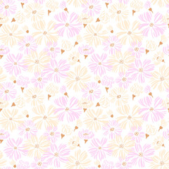 Seamless vector pattern with hand drawn daisy flowers in soft pastel pink and beige on white. Designs floral for fabric, packaging, wallpaper, and feminine