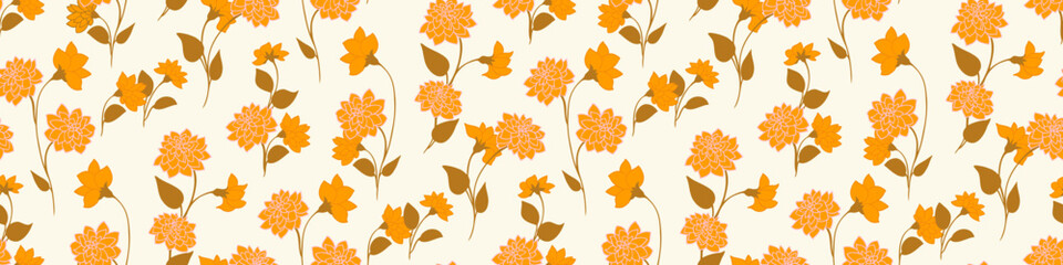 Seamless vector floral pattern with orange flowers and brown leaves on a light beige background. Elegant botanical design for fabric, wallpaper, wrapping,  autumn decor