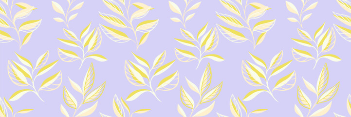 Elegant seamless vector pattern with abstract leafy stems in soft yellow and cream tones on a pastel lavender background. Delicate and modern, ideal for fabrics, wallpapers, stationery, and branding