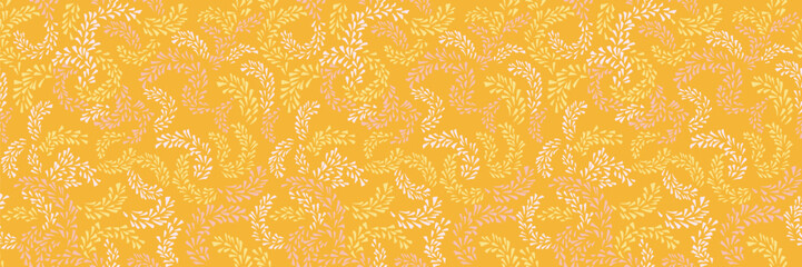 Seamless abstract botanical pattern with delicate leaf stems in soft pastel tones on a warm mustard background. Elegant modern design for fabric, wallpaper, and wrapping