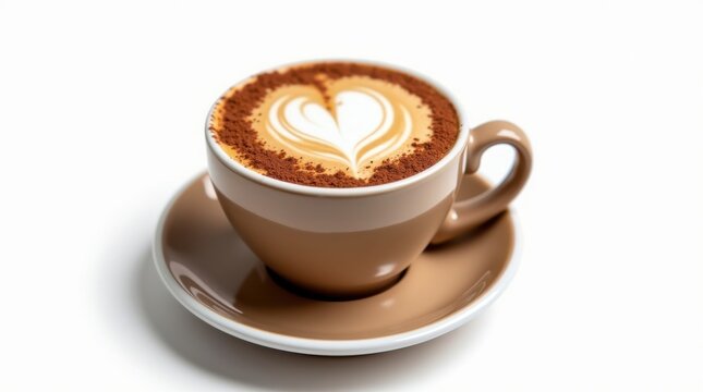 Delicious cappuccino with heart shaped latte art and cinnamon topping