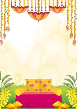 Wedding Invitation Haldi Yellow Green Watercolor Indian Blank Card Background