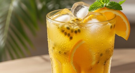 Refreshing Passion Fruit and Orange Cocktail with Ice and Mint.
