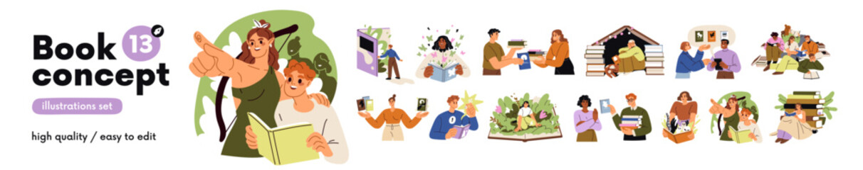 Naklejka premium Happy readers with books concept set. People read fiction, fantasy, fairytale, education and business literature. Imagination, wisdom, knowledge. Flat vector illustrations isolated on white background