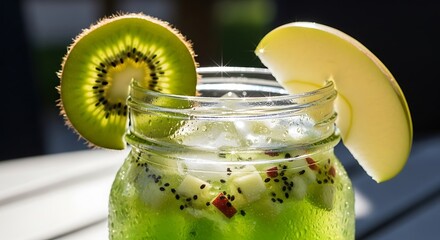 Refreshing Kiwi and Apple Drink with Ice and Fruit Slices.