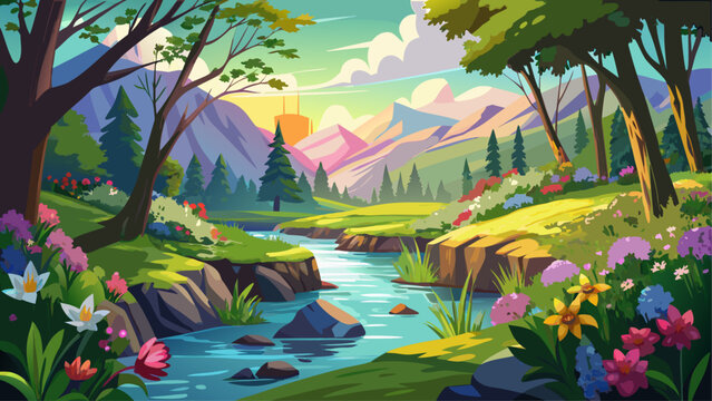 Very beautiful mesmerizing springtime at Pickle Creek in Hawn State Park, Missouri, featuring blooming wildflowers, vibrant green foliage, sparkling creek waters, and sunlight filtering through lush t