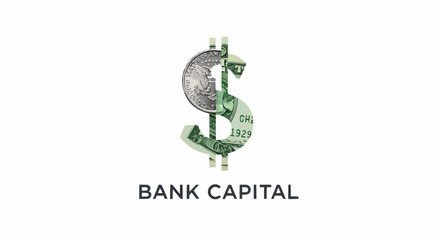 Dollar sign made of money with bank capital text below.