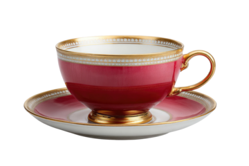 Rich red teacup and saucer with gilded rim and fine beading