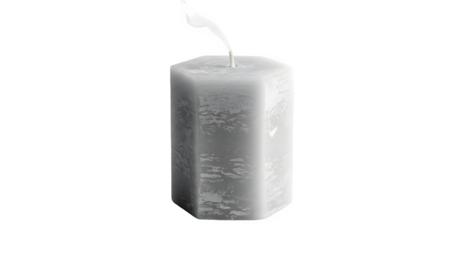 Gray hexagonal candle with a burning wick  isolated on transparent background