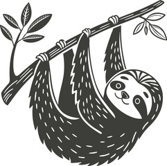 Naklejka premium Cute sloth hanging from a tree branch with leaves