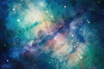 Beautiful abstract teal and colorful nebula in space with bright stars