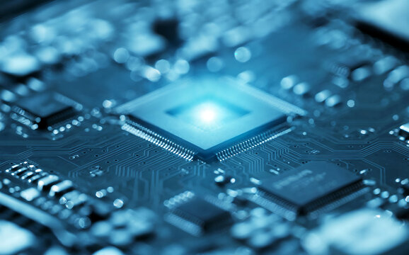 Closeup of a glowing blue computer processor chip on a circuit board, representing technology, innovation, and digital data processing