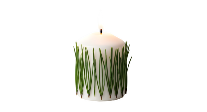 White candle with green pine needles isolated on transparent background
