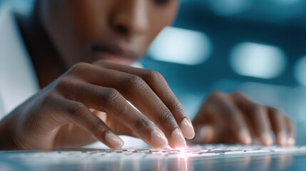 Cybersecurity monitoring. Close-up of hands operating an illuminated digital interface on desk in technology workspace, managing network data.