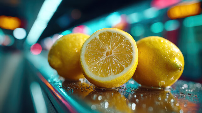 Three fresh lemons in a row on bar counter under bright bar lights, ingredients for cocktails and cold drinks..