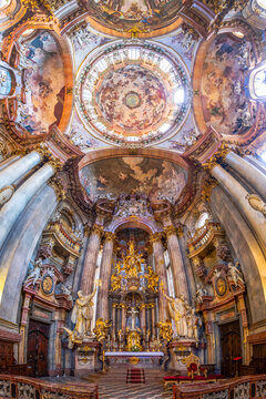 The beautiful interiors of the Church of Saint Nicholas - a Baroque church in the Lesser Town of Prague. It was built between 1704 and 1755. It has been described as the greatest example of Prague Bar