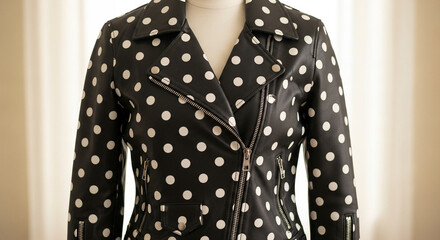Chic black leather moto jacket adorned with playful white polka dots, featuring a modern asymmetrical zip and stylish detailing for an edgy fashion statement.