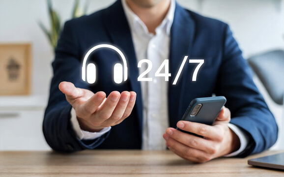 A man in a suit holding a smartphone and a headset icon with 247 text, symbolizing constant customer support and availability