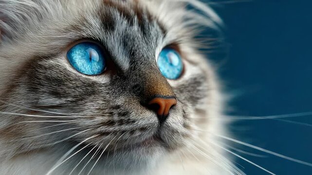 Stunning close-up of a fluffy cat with striking blue eyes and detailed fur on a solid backdrop