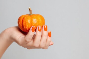 A hand with orange nail polish holds a small pumpkin.