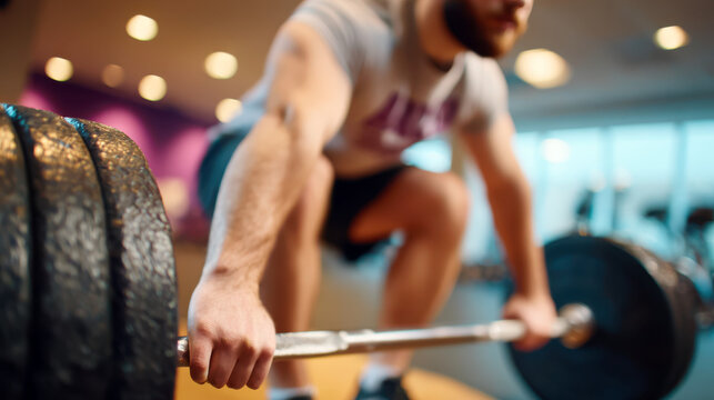 Gym enthusiast performing a deadlift with a heavy barbell in a well-lit fitness center