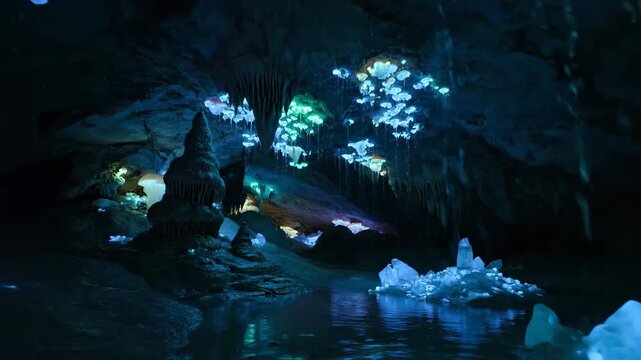 Cave Interior with Glowing Crystals and Illuminated Stalactites