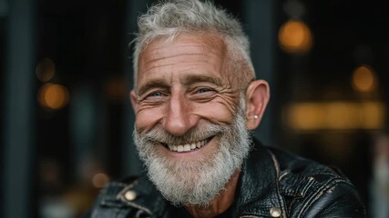 Portrait of an older man with gray hair and beard smiling warmly in a cozy café setting during the afternoon