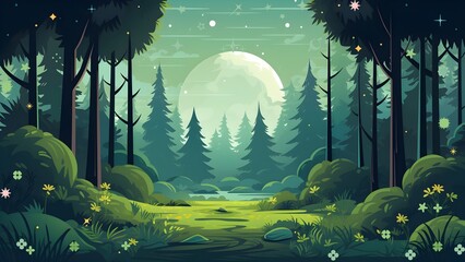 Green and White Illustrated Forest Moon Zoom Virtual Background 