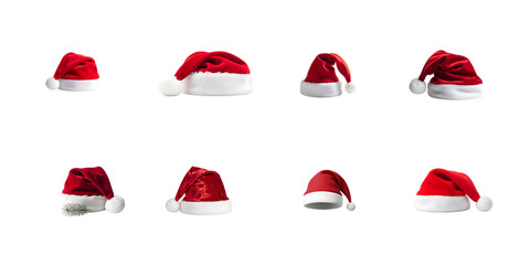 Collection of  eight santa hats for christmas holiday  isolated on transparent background
