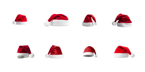 Collection of  eight santa hats for christmas holiday  isolated on transparent background