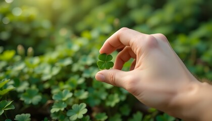 Gathering a green clover by hand from a garden, keeping it as a lucky charm, and using it as a St. Patrick's Day celebration sign