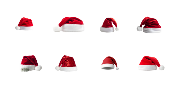 Collection of  eight santa hats for christmas holiday  isolated on transparent background