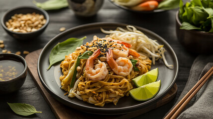 A high-quality food photograph of Thai Pad Thai noodles on a matte black ceramic plate against a dark wooden surface.