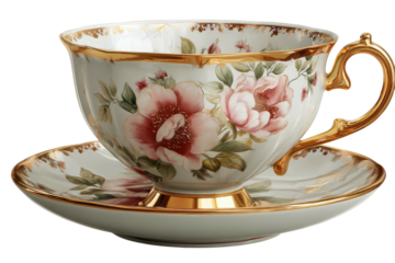 Elegant porcelain teacup and saucer adorned with delicate pink floral designs and gold trim